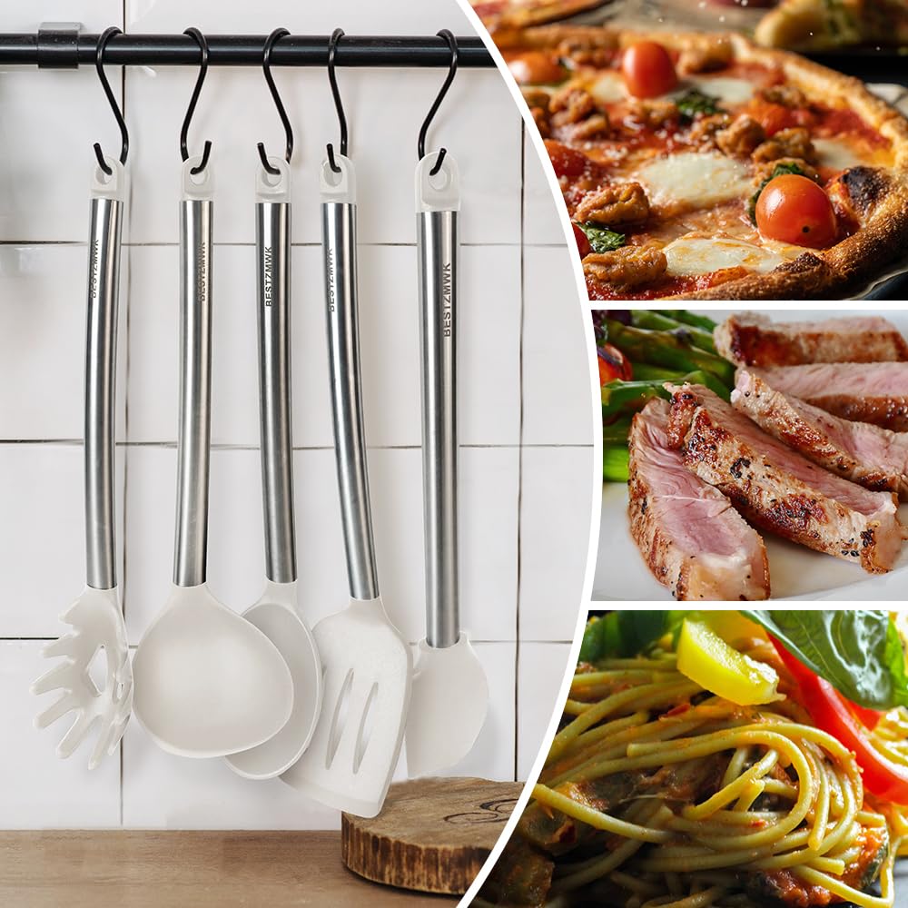 Kitchen Utensil Set-Silicone Cooking Utensils-33 Kitchen Gadgets & Spoons for Nonstick Cookware-Silicone and Stainless Steel Spatula Set-Best Kitchen Tools, Useful Pots (Khaki)