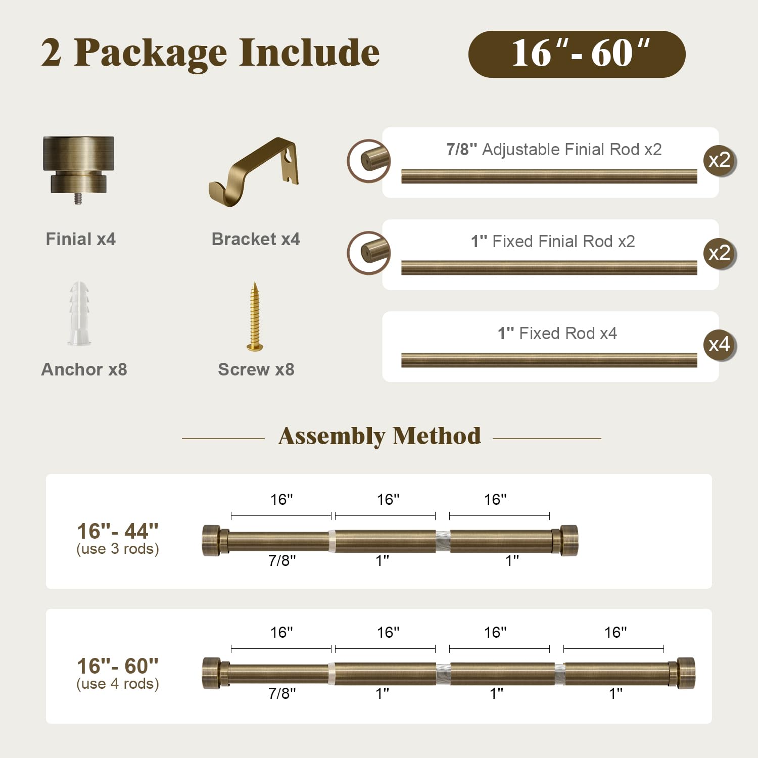Oneach Heavy Duty Curtain Rods for Windows 72 to 144 Inch, 1 Inch Brass Gold Curtain Rod, Adjustable Length Rod with Metal Finials, Modern Decorative for Bedroom Kitchen Living Room (16 to 150 Inch)