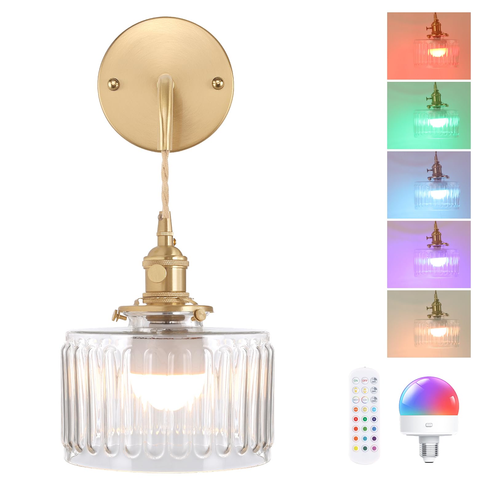 Shenmoyl Vintage Wall Sconce Wall Lamp with Amber Striped Glass Shade Hanging Wall Sconce with 4.9FT Plug in Cord, Modern Wall Lamp Fixtures Decor for Bedside Bedroom Indoor Doorway
