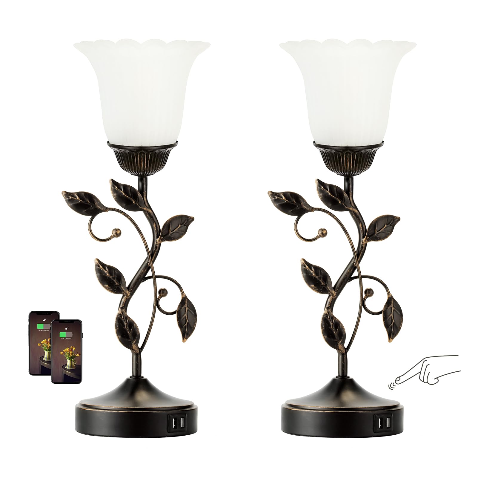 Touch Control Table Lamp with 2 USB Charging Ports, 3-Way Dimmable Bedside Nightstand Lamps, Amber Glass Shade Vintage Rural Leaf Lamp for Living Room, Bedroom, Dresser, LED Bulb Included (Bronze)