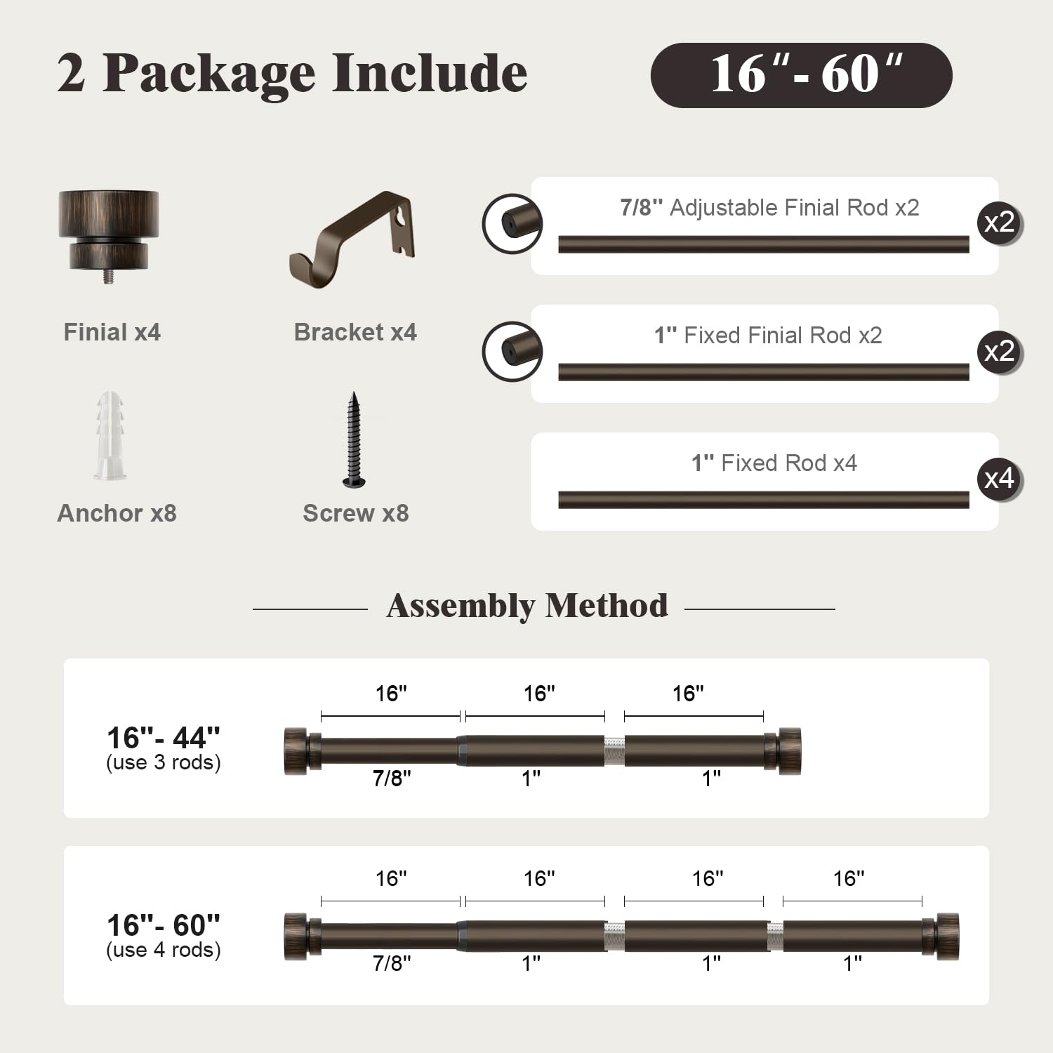 Oneach Heavy Duty Curtain Rods for Windows 72 to 144 Inch, 1 Inch Brass Gold Curtain Rod, Adjustable Length Rod with Metal Finials, Modern Decorative for Bedroom Kitchen Living Room (16 to 150 Inch)