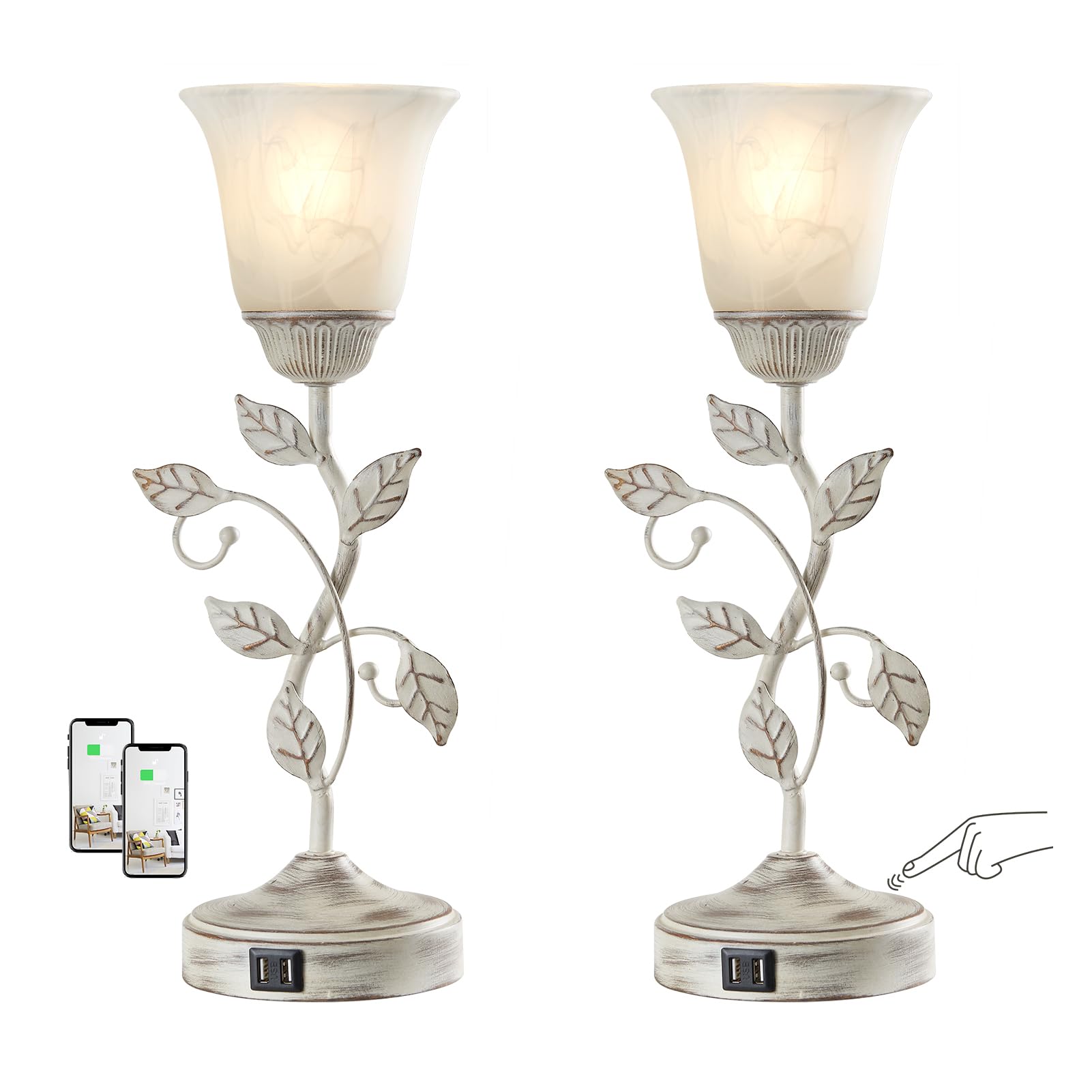 Touch Control Table Lamp with 2 USB Charging Ports, 3-Way Dimmable Bedside Nightstand Lamps, Amber Glass Shade Vintage Rural Leaf Lamp for Living Room, Bedroom, Dresser, LED Bulb Included (Bronze)