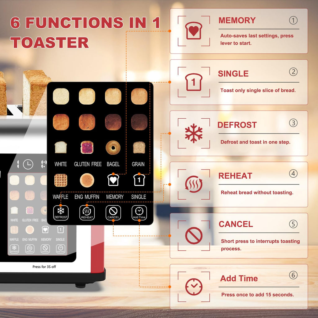 4 Slice Toaster Touch Screen, Stainless Steel Toasters Digital Timer, Dual Control Panel Toasters, 8 Shade Settings 6 Bread Types for Bagel, Cancel, Defrost 1650W