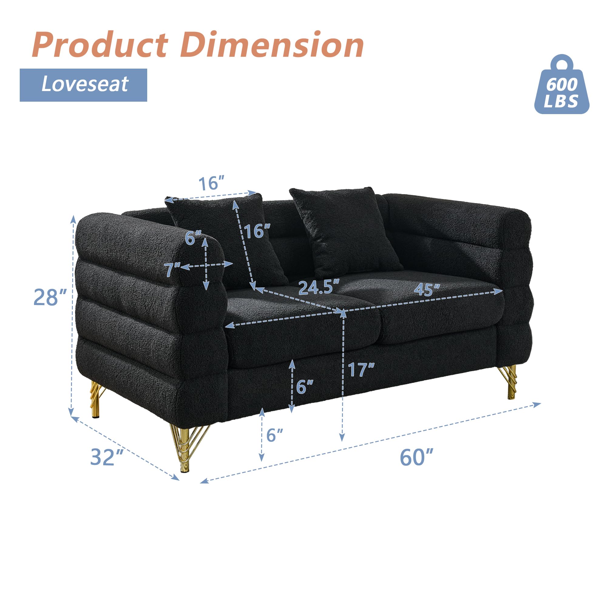 mikibama Modern Teddy Sectional Sofa, 81 Inch Oversized Sofa Couch, Luxury 3 Seater Deep Couch with 3 Pillows and Gold Metal Legs for Living Room, Bedroom, Apartment (Black)