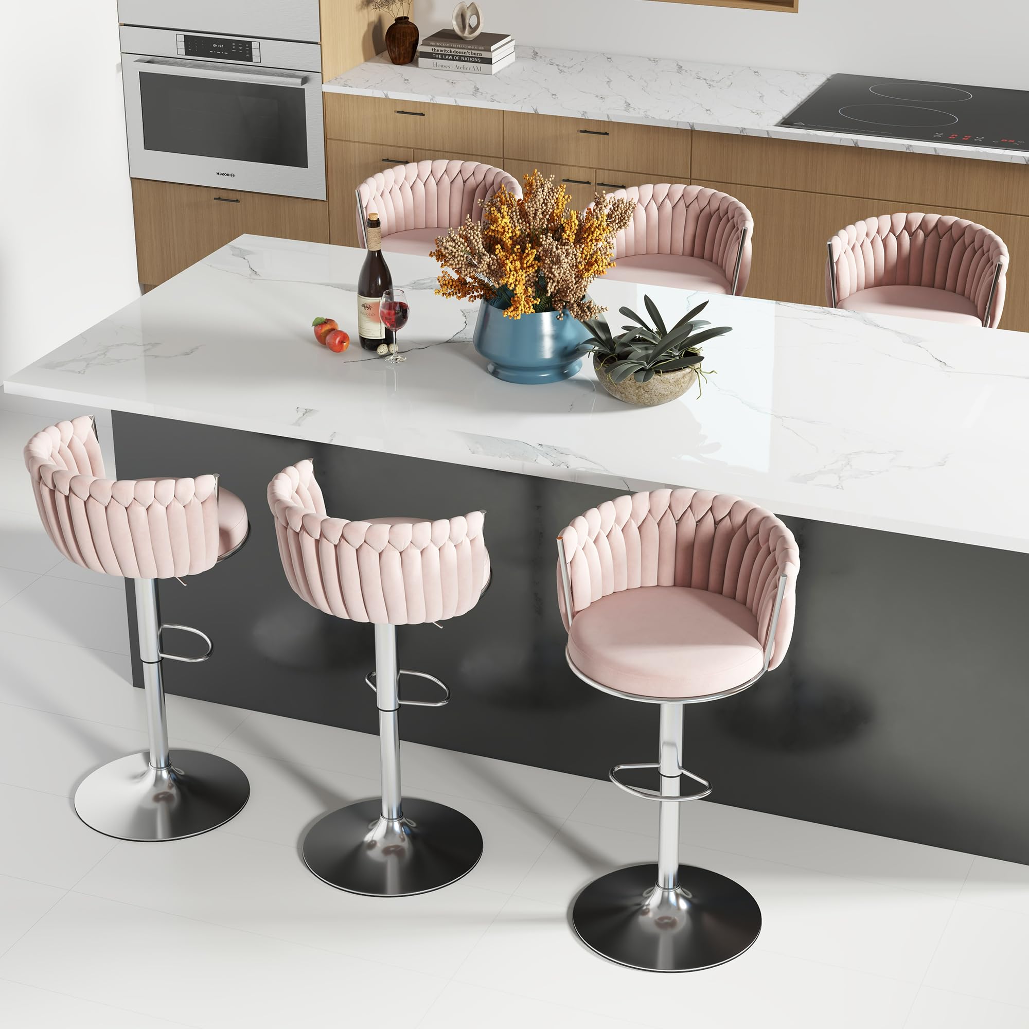 ABET Gold Bar Stool Set of 2, Velvet Swivel Barstools, Height Adjustable Counter Stools with Woven Back, Upholstered Modern Luxury Kitchen Stools with Footrest for Cafe, Pub, Black