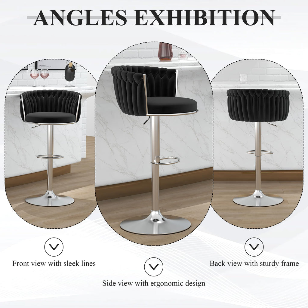 ABET Gold Bar Stool Set of 2, Velvet Swivel Barstools, Height Adjustable Counter Stools with Woven Back, Upholstered Modern Luxury Kitchen Stools with Footrest for Cafe, Pub, Black