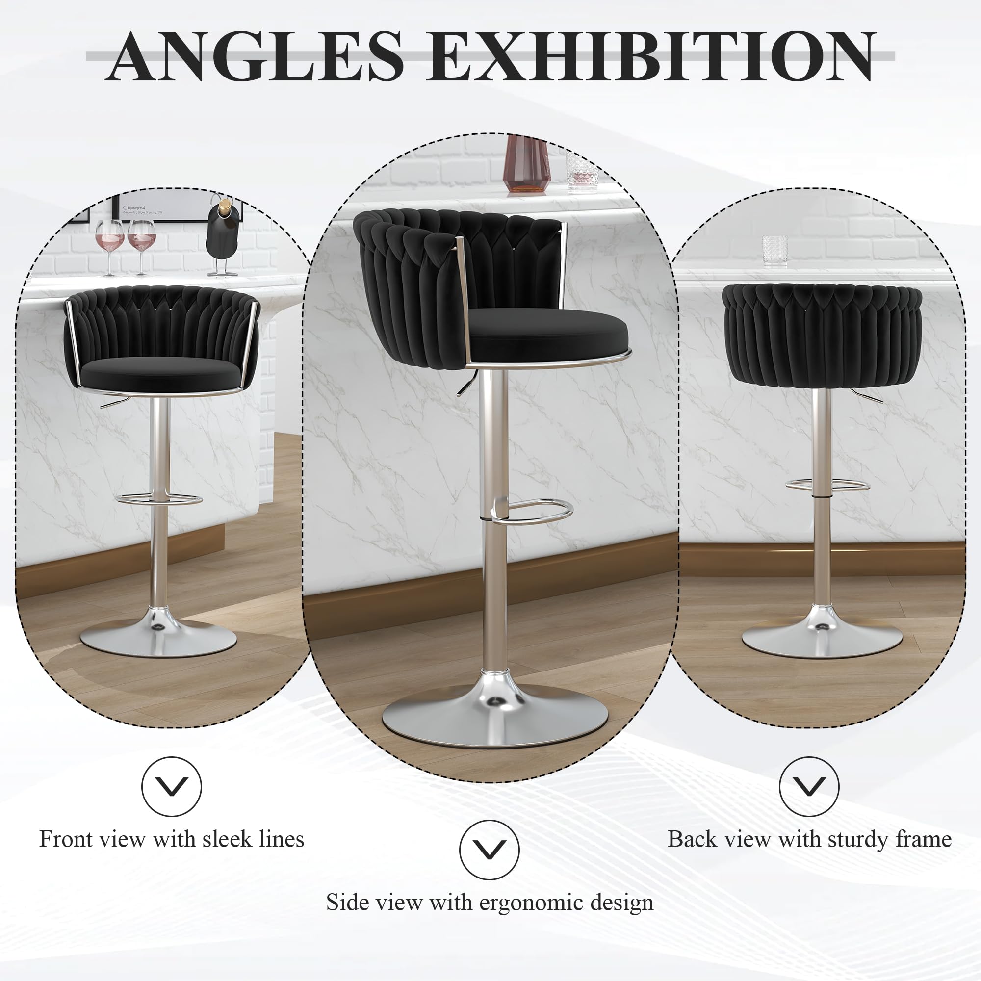 ABET Gold Bar Stool Set of 2, Velvet Swivel Barstools, Height Adjustable Counter Stools with Woven Back, Upholstered Modern Luxury Kitchen Stools with Footrest for Cafe, Pub, Black