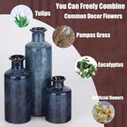 Blue Ceramic Vase Set - 3 Blue Small Vases, Farmhouse Country Flower Vase Home Decor, Living Room Decoration, Table Decoration, Fireplace Decor, and Entrance Decorations Centerpieces