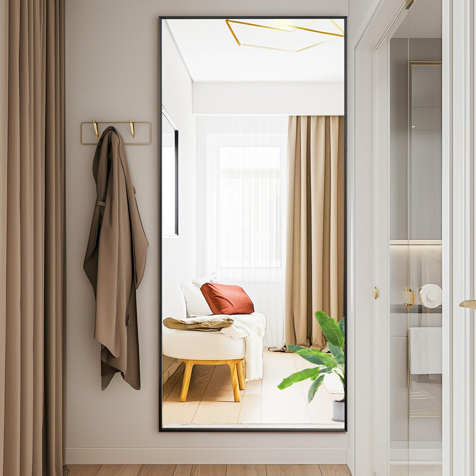 DUMOS Arched Full Length Mirror with Stand 64"x21" Floor Standing Aluminum Frame for Bedroom Body Hanging Leaning Modern Simple Home Decor Shatter-proorf Nano Glass Wall Living Room Cloakroom Black
