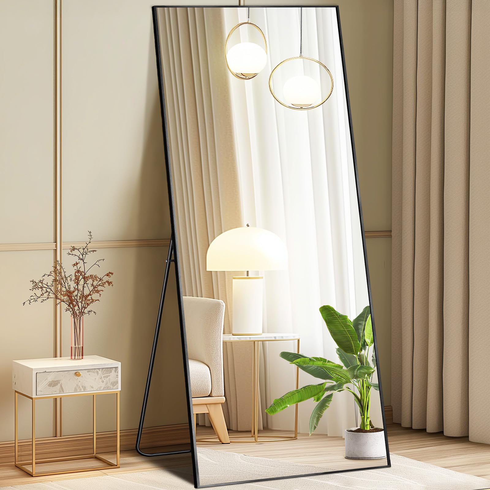 DUMOS Arched Full Length Mirror with Stand 64"x21" Floor Standing Aluminum Frame for Bedroom Body Hanging Leaning Modern Simple Home Decor Shatter-proorf Nano Glass Wall Living Room Cloakroom Black