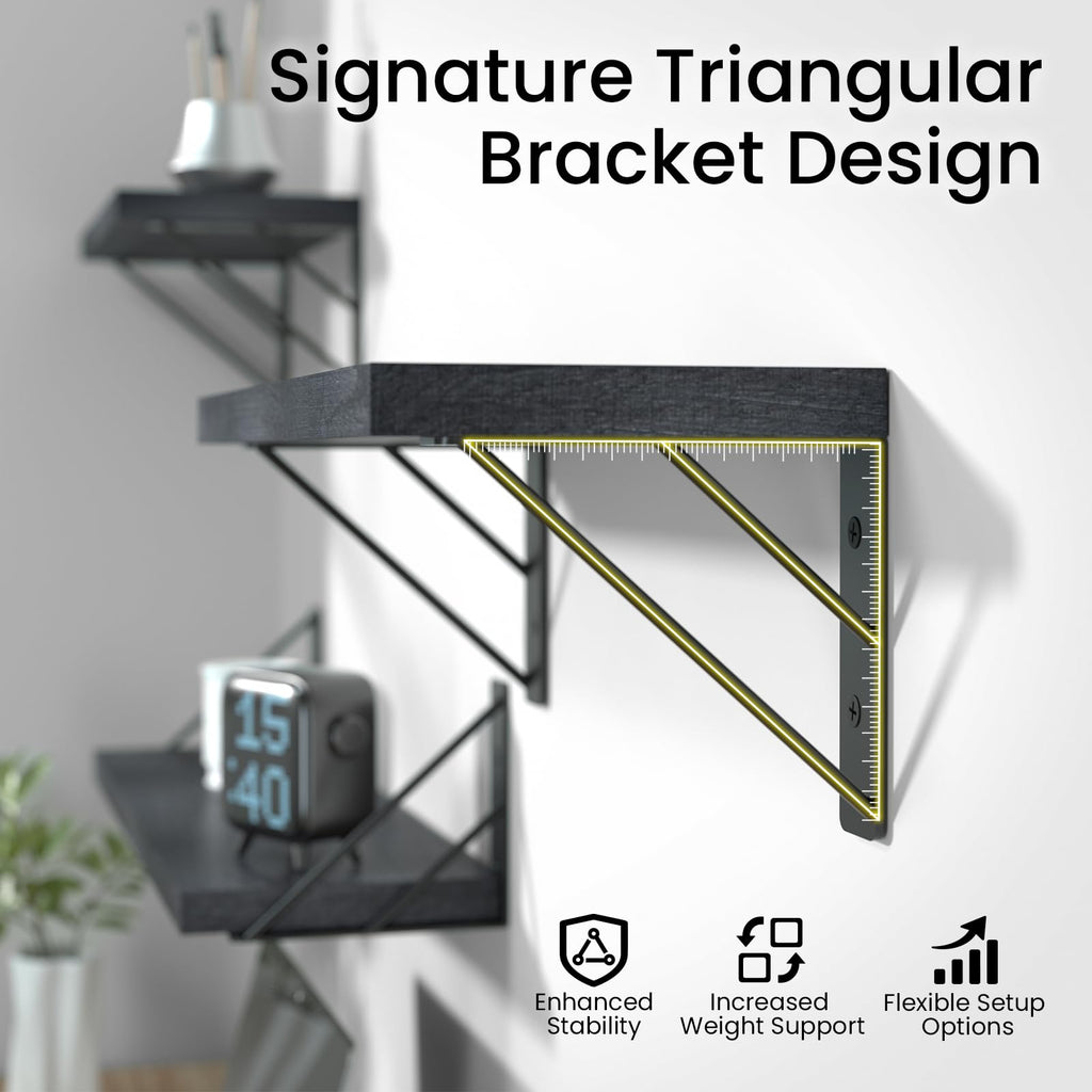 BAYKA Floating Shelves for Bedroom Decor, Wall Shelves for Storage, Wall Mounted Rustic Wood Floating Shelf for Books,Corner Shelf for Bathroom,Kitchen,Living Room(Black and Gold，Set of 4)
