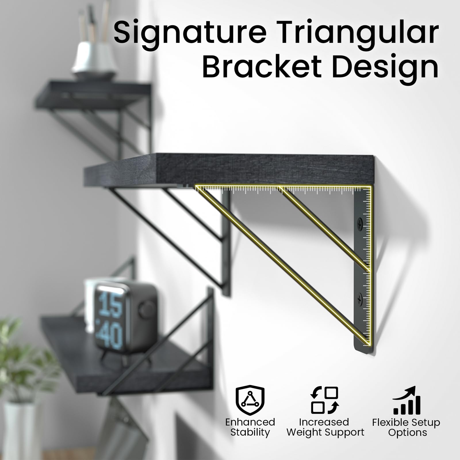 BAYKA Floating Shelves for Bedroom Decor, Wall Shelves for Storage, Wall Mounted Rustic Wood Floating Shelf for Books,Corner Shelf for Bathroom,Kitchen,Living Room(Black and Gold，Set of 4)