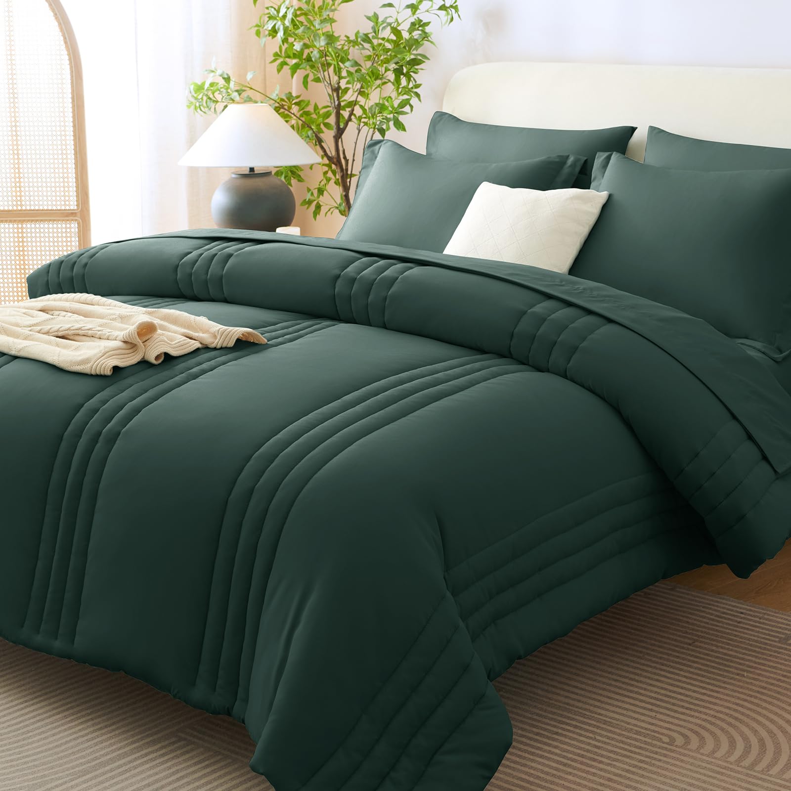 CozyLux Queen Size Comforter Sets - 7 Piece Bed in a Bag Olive Green Comforter Set with Sheets Luxury Bed Set All Seasons, Soft Bedding Set with Down Alternative Comforter, Sheets, Pillowcases & Shams