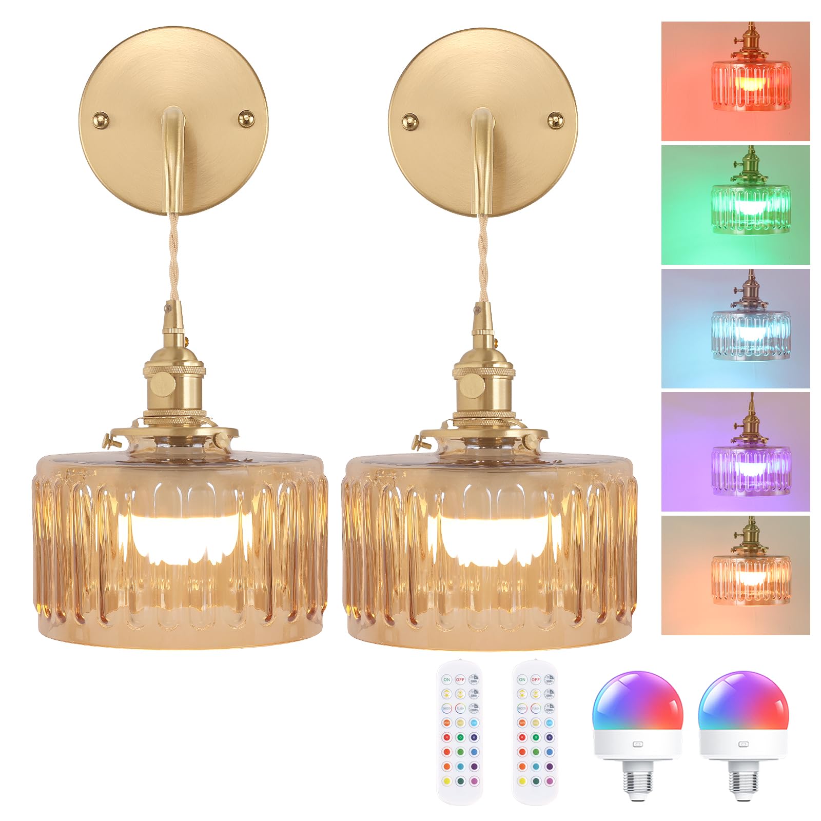 Shenmoyl Vintage Wall Sconce Wall Lamp with Amber Striped Glass Shade Hanging Wall Sconce with 4.9FT Plug in Cord, Modern Wall Lamp Fixtures Decor for Bedside Bedroom Indoor Doorway