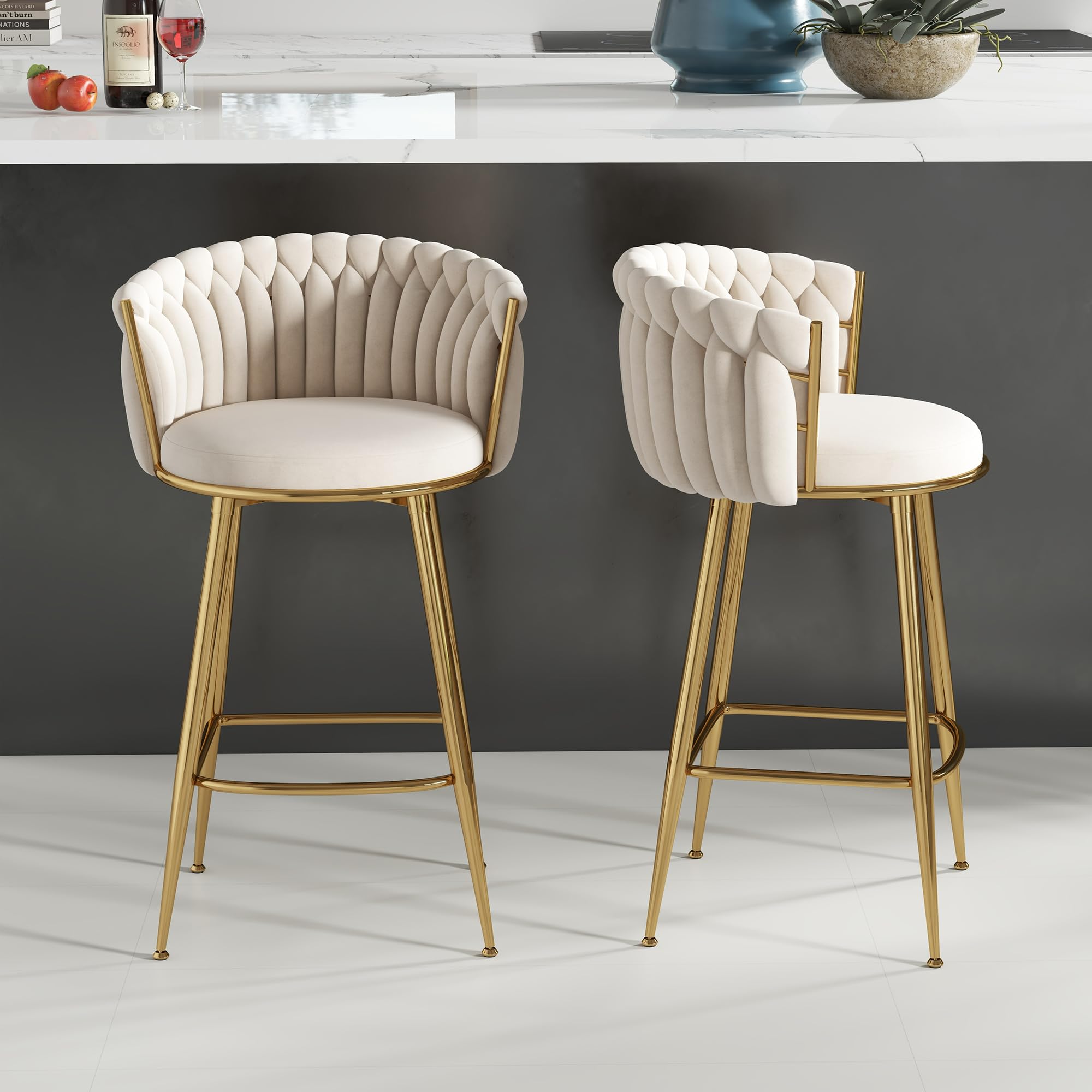 ABET Gold Bar Stool Set of 2, Velvet Swivel Barstools, Height Adjustable Counter Stools with Woven Back, Upholstered Modern Luxury Kitchen Stools with Footrest for Cafe, Pub, Black