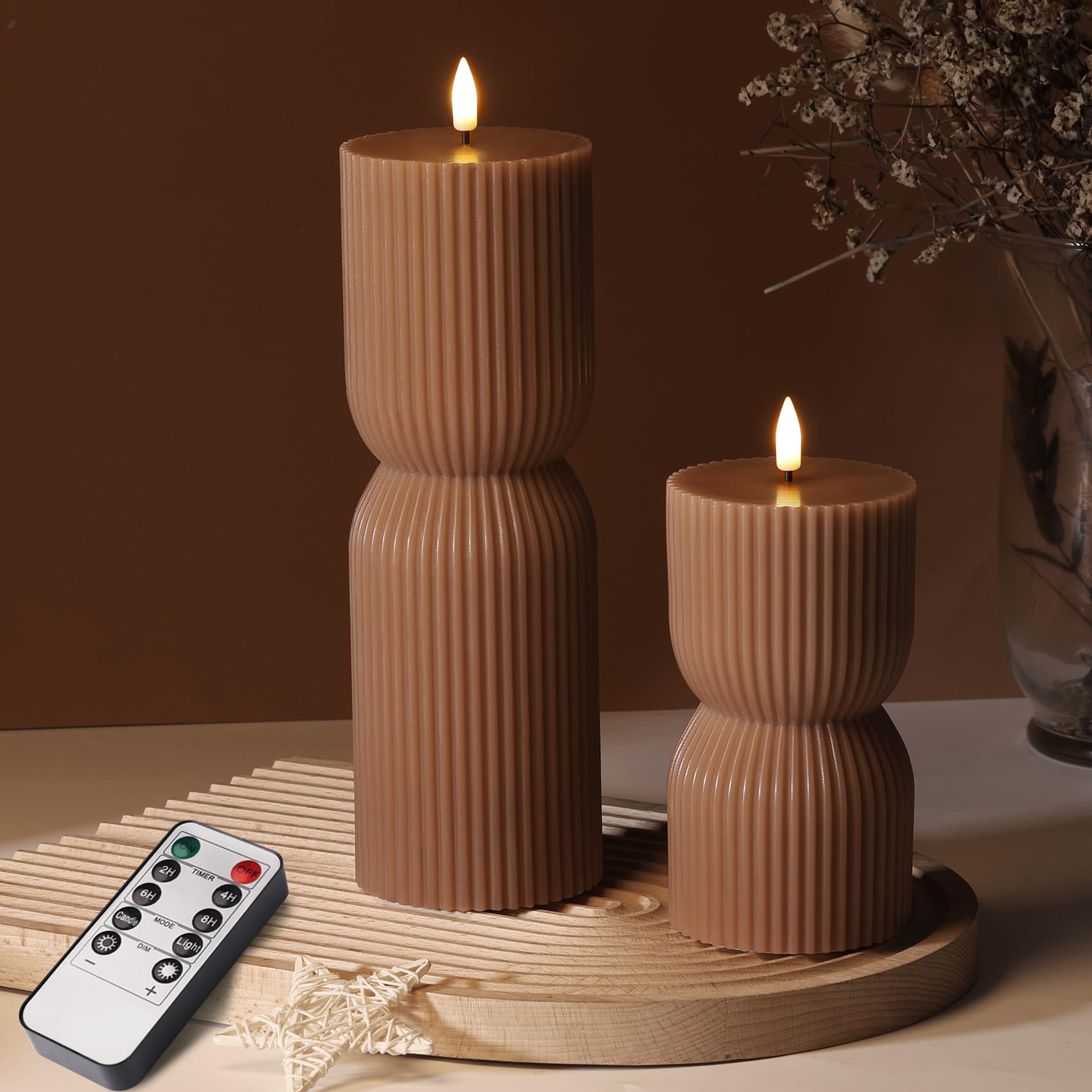 Olive Green Ribbed Flameless Pillar Candles with Remote, LED Candles Battery Operated Flickering Real Wax Set of 2
