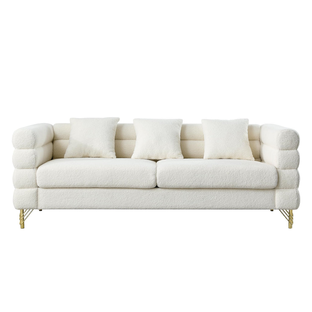 mikibama Modern Teddy Sectional Sofa, 81 Inch Oversized Sofa Couch, Luxury 3 Seater Deep Couch with 3 Pillows and Gold Metal Legs for Living Room, Bedroom, Apartment (Black)