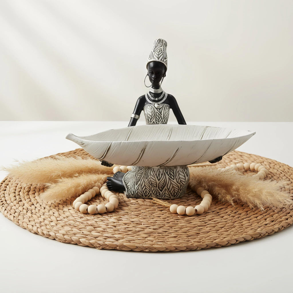 Lescafita African Woman Sculpture with Gold Leaf Bowl, Handmade Resin Figurine, Exotic Tribal Art Statue for Living Room, Dining Table, or Entryway Decoration