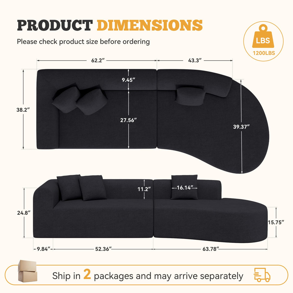 126" Curved Modular Sectional Sofa, Modern Boneless Couches for Living Room,No Assembly Required Cloud Couch,Brown Corduroy Fabric,1 PCS
