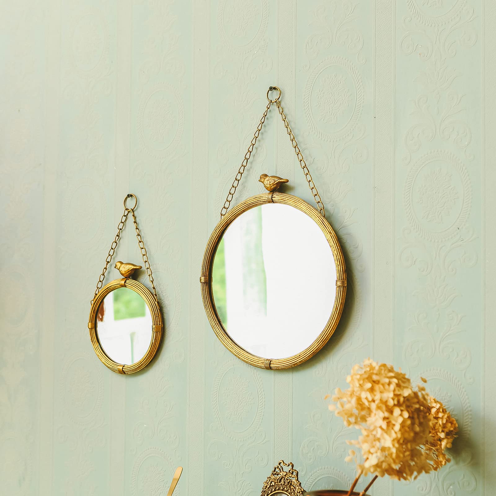NIKKY HOME 6.7 Inch Decorative Small Hanging Mirrors Vintage Round Metal Framed Wall Mounted Mirror Decor with Bird for Bathroom Living Room Office, Rustic Gold