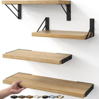 BAYKA Floating Shelves for Bedroom Decor, Wall Shelves for Storage, Wall Mounted Rustic Wood Floating Shelf for Books,Corner Shelf for Bathroom,Kitchen,Living Room(Black and Gold，Set of 4)