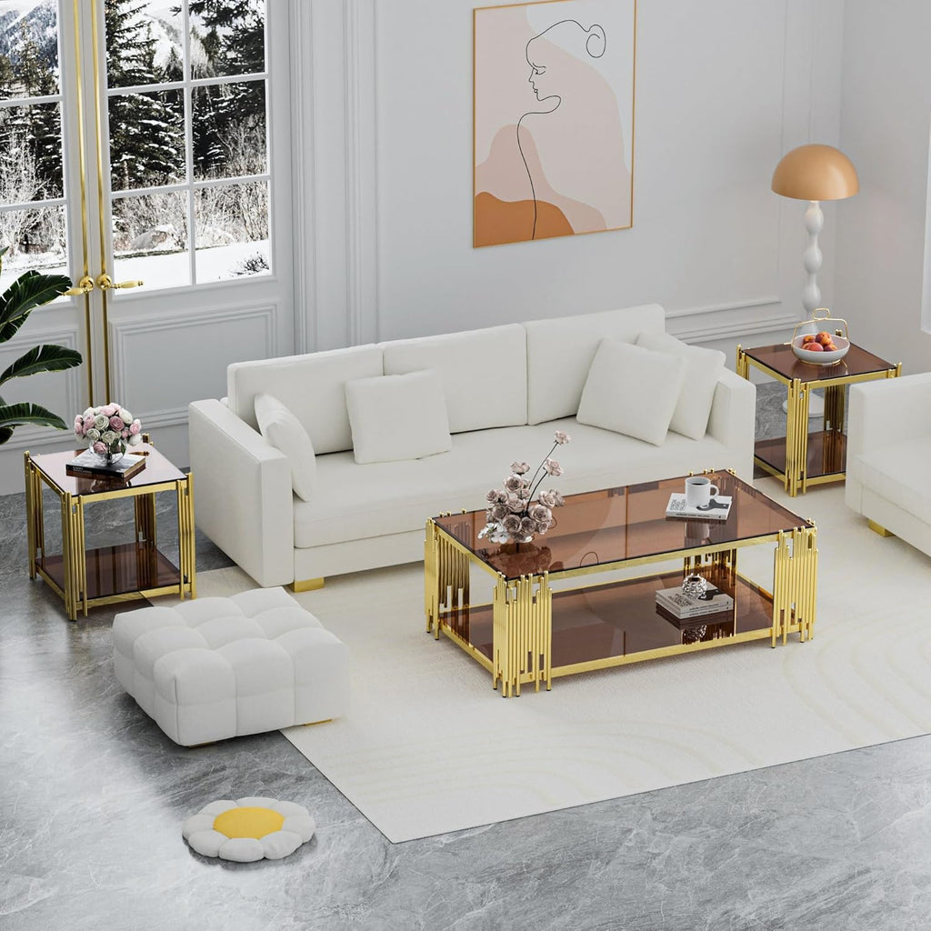 Luxury Gold Square Glass End Table, 19.7" Modern Side Table with Stainless Steel Irregular Leg Clear Tempered Glass Tabletop, Accent Furniture for Living Room, Clear
