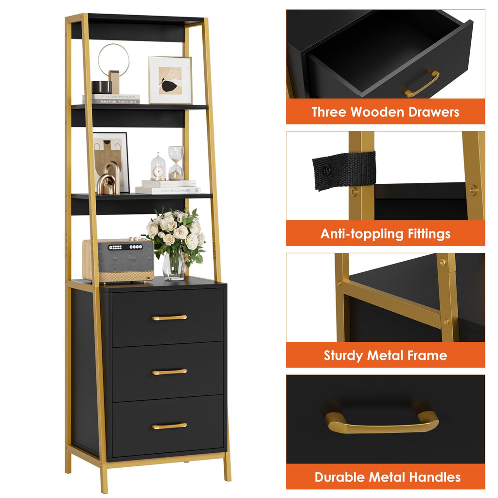 HITHOS Black Gold 4-Tier Bookshelf, Tall Bookcase with 3 Wooden Drawers, Modern Ladder Book Shlef Storage Organizer for Living Room, Entryway, Office