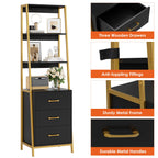 HITHOS Black Gold 4-Tier Bookshelf, Tall Bookcase with 3 Wooden Drawers, Modern Ladder Book Shlef Storage Organizer for Living Room, Entryway, Office