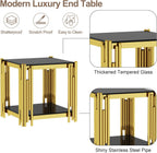 Luxury Gold Square Glass End Table, 19.7" Modern Side Table with Stainless Steel Irregular Leg Clear Tempered Glass Tabletop, Accent Furniture for Living Room, Clear