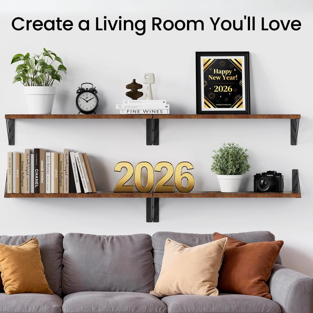 BAYKA Floating Shelves for Bedroom Decor, Wall Shelves for Storage, Wall Mounted Rustic Wood Floating Shelf for Books,Corner Shelf for Bathroom,Kitchen,Living Room(Black and Gold，Set of 4)