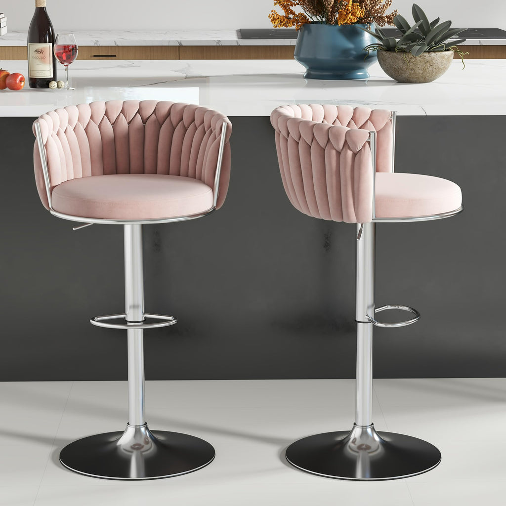 ABET Gold Bar Stool Set of 2, Velvet Swivel Barstools, Height Adjustable Counter Stools with Woven Back, Upholstered Modern Luxury Kitchen Stools with Footrest for Cafe, Pub, Black