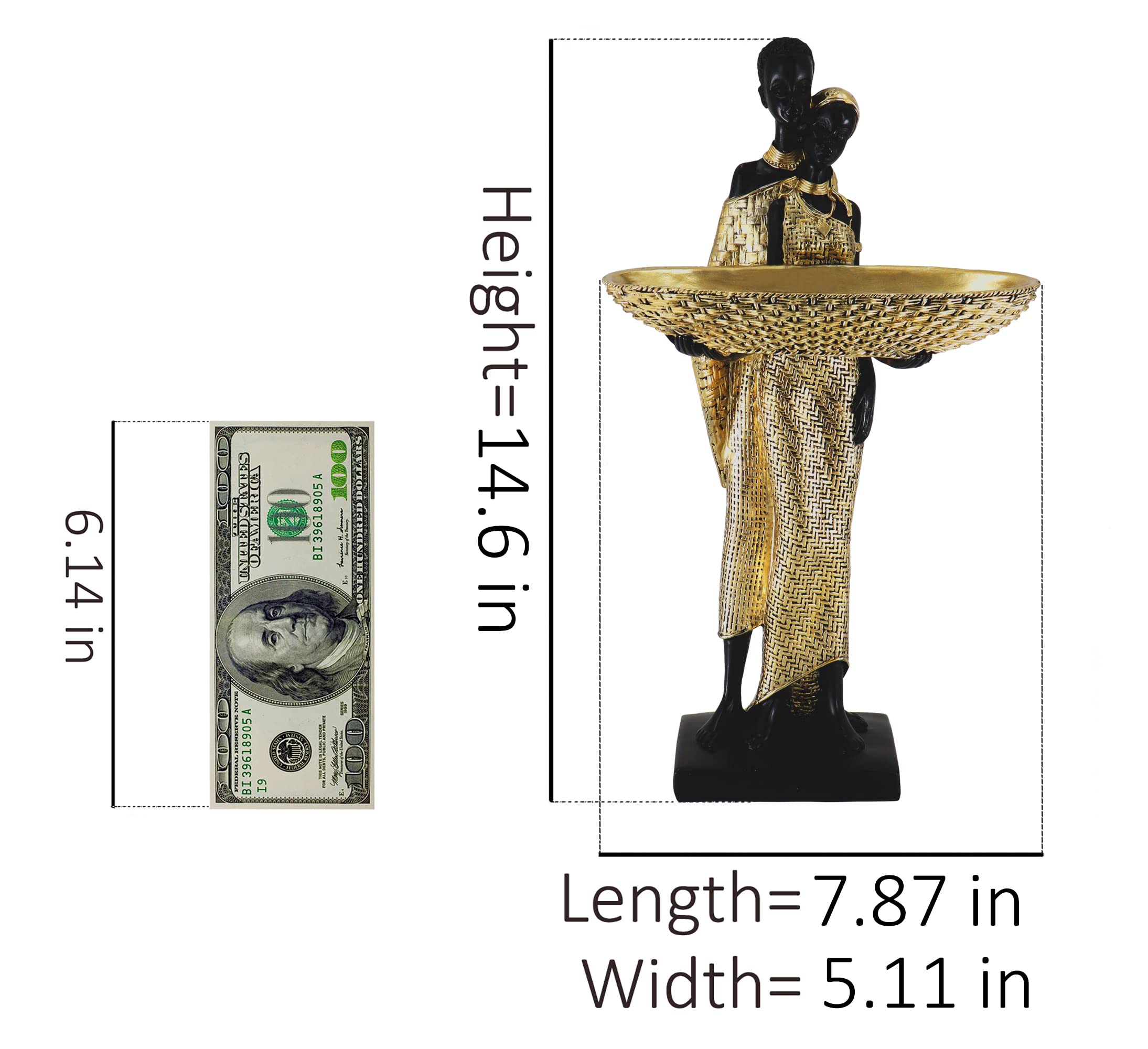 Lescafita African Woman Sculpture with Gold Leaf Bowl, Handmade Resin Figurine, Exotic Tribal Art Statue for Living Room, Dining Table, or Entryway Decoration
