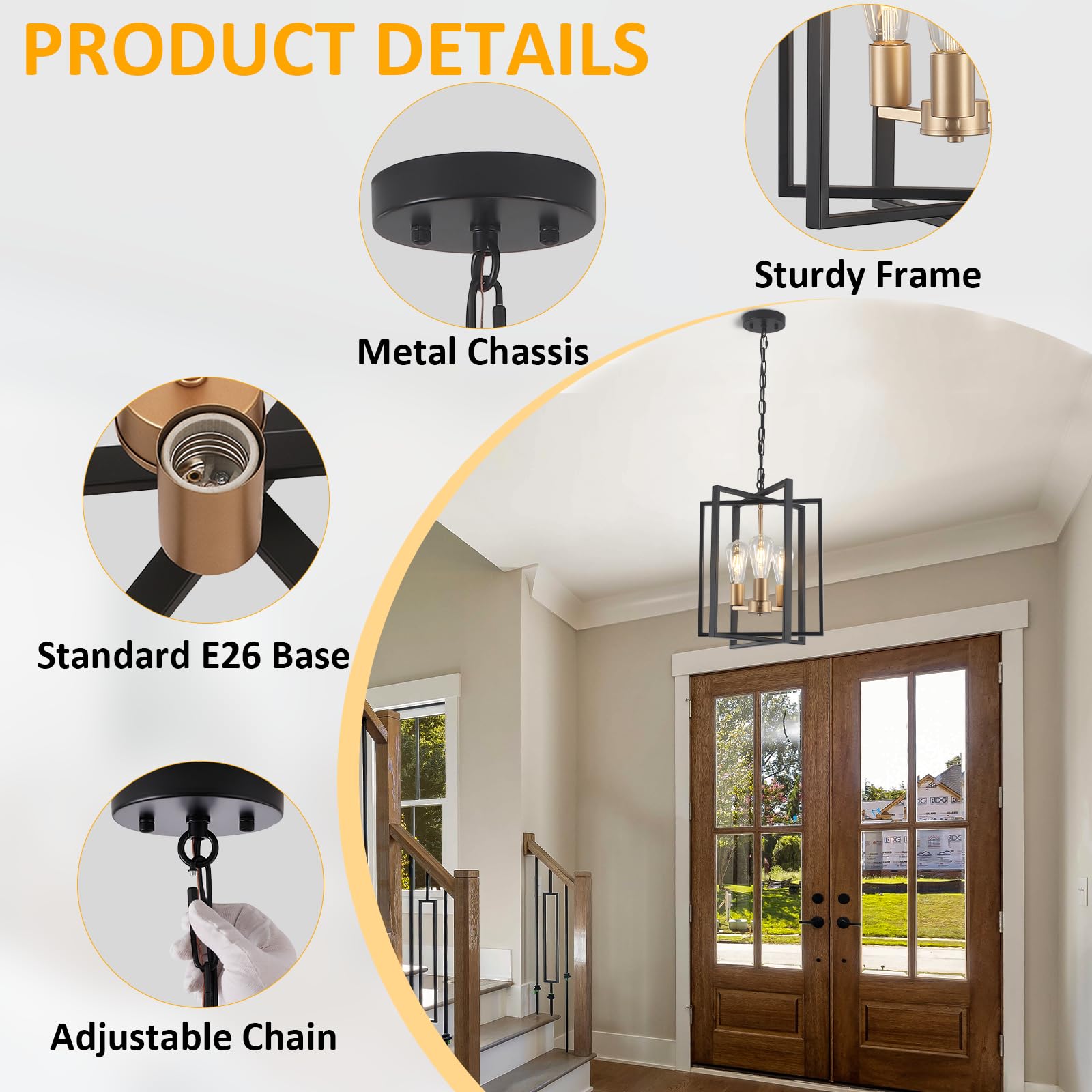 Black Gold Chandelier for Dining Room, Modern Farmhouse 3 Light Entryway Pendant Light Fixture Adjustable Geometric Industrial Rustic Foyer Light for Living Room Kitchen Island Hallway Bedroom