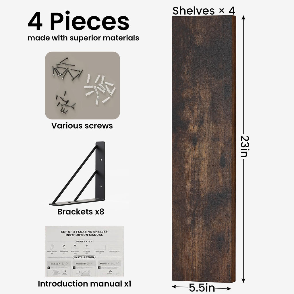BAYKA Floating Shelves for Bedroom Decor, Wall Shelves for Storage, Wall Mounted Rustic Wood Floating Shelf for Books,Corner Shelf for Bathroom,Kitchen,Living Room(Black and Gold，Set of 4)