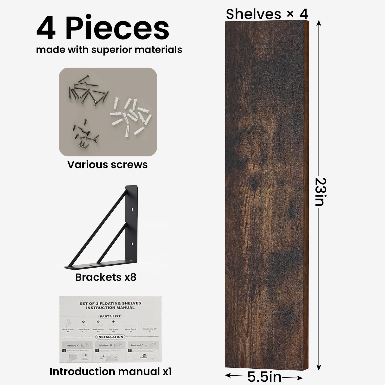 BAYKA Floating Shelves for Bedroom Decor, Wall Shelves for Storage, Wall Mounted Rustic Wood Floating Shelf for Books,Corner Shelf for Bathroom,Kitchen,Living Room(Black and Gold，Set of 4)