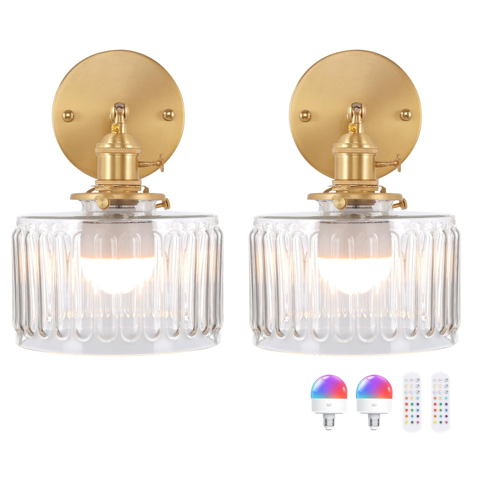 Shenmoyl Vintage Wall Sconce Wall Lamp with Amber Striped Glass Shade Hanging Wall Sconce with 4.9FT Plug in Cord, Modern Wall Lamp Fixtures Decor for Bedside Bedroom Indoor Doorway