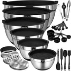 Mixing Bowls with Airtight Lids Set, 26PCS Stainless Steel Khaki Bowls with Grater Attachments, Non-Slip Bottoms & Kitchen Gadgets Set, Size 7, 4, 2.5, 2.0,1.5, 1QT, Great for Mixing & Serving