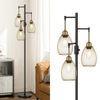 Dimmable Floor Lamp, Industrial Floor Lamps for Living Room, Gold Tree Lamp Standing Lamp Tall Lamps with 3 Elegant Teardrop Cage Head & 800 Lumens LED Bulbs for Living room Bedroom Office Dining Room