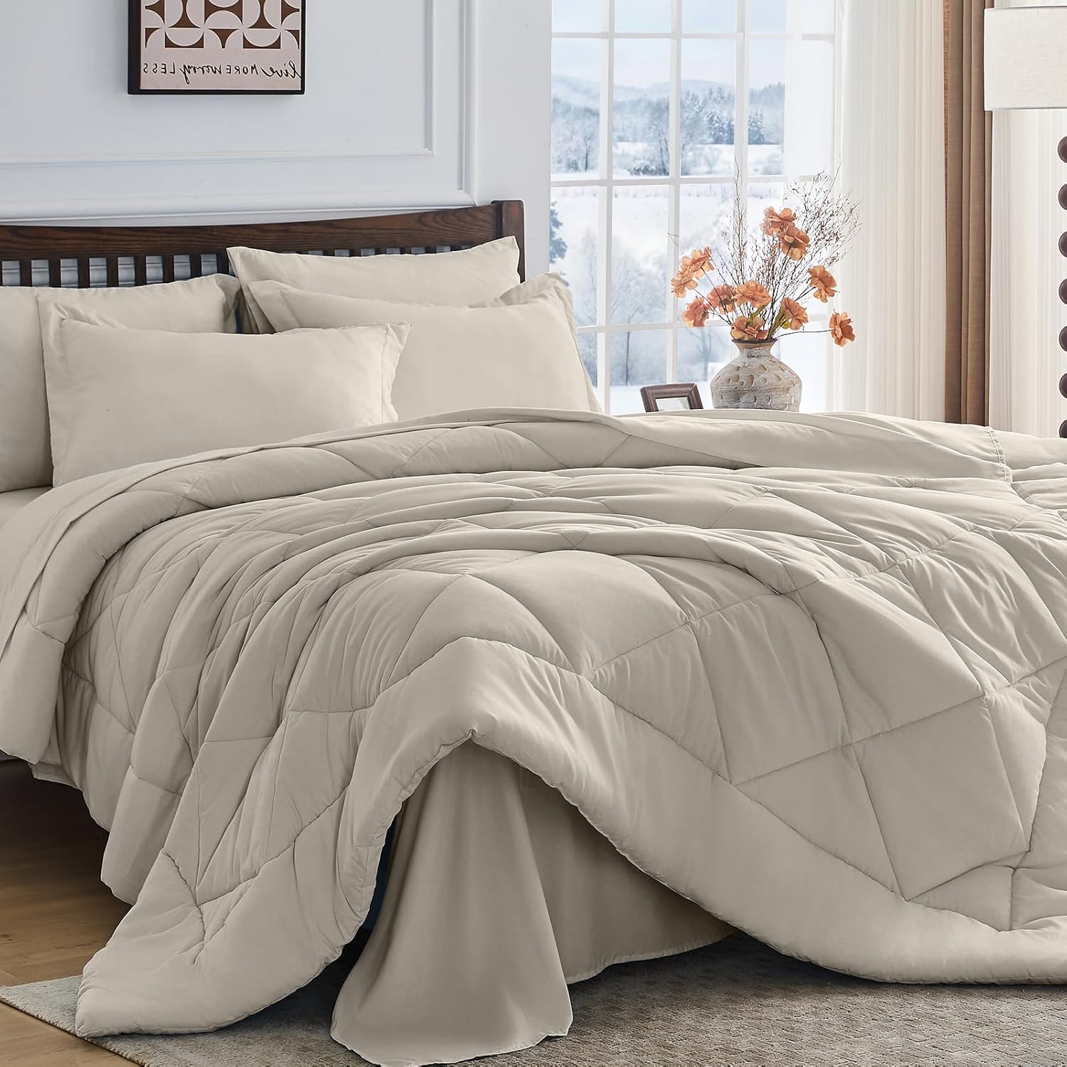 HEVUMYI 7 Pieces Queen Comforter Set, All Season Reversible Bed in a Bag, Ultra Soft Queen Bedding Set with Grey Comforter, Flat Sheet, Fitted Sheet, Pillowcases, Pillow Shams, Dark Grey