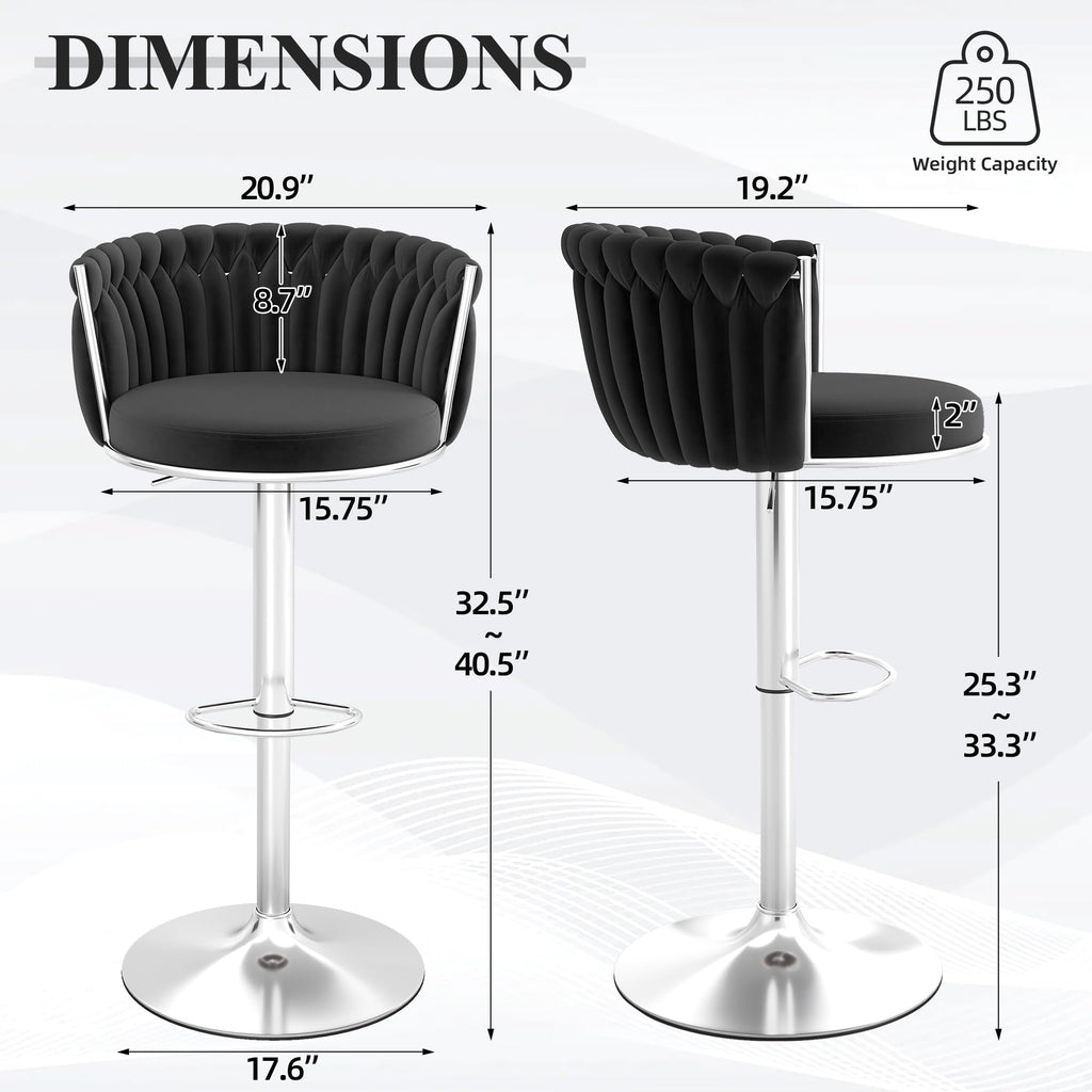 ABET Gold Bar Stool Set of 2, Velvet Swivel Barstools, Height Adjustable Counter Stools with Woven Back, Upholstered Modern Luxury Kitchen Stools with Footrest for Cafe, Pub, Black