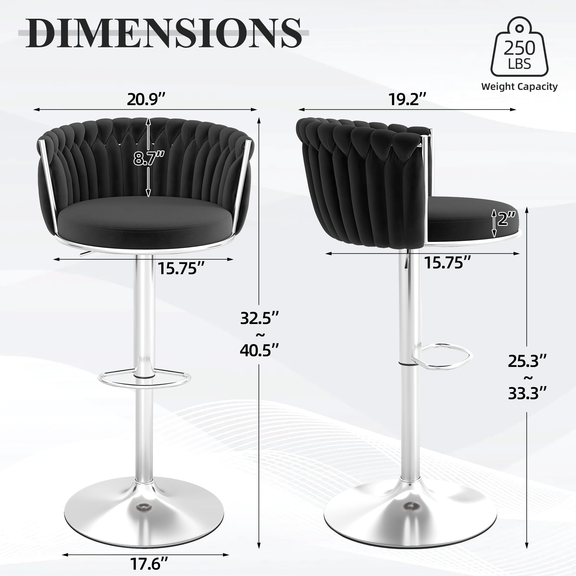 ABET Gold Bar Stool Set of 2, Velvet Swivel Barstools, Height Adjustable Counter Stools with Woven Back, Upholstered Modern Luxury Kitchen Stools with Footrest for Cafe, Pub, Black