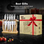 SYOKAMI Japanese Knives Set for Kitchen, Magnetic Knife Set with Block and Sharpener, Stainless Steel Knife Set as Gift for Couple, Wedding, Women or Mom with Gift Box, 14 PCS Black Dot