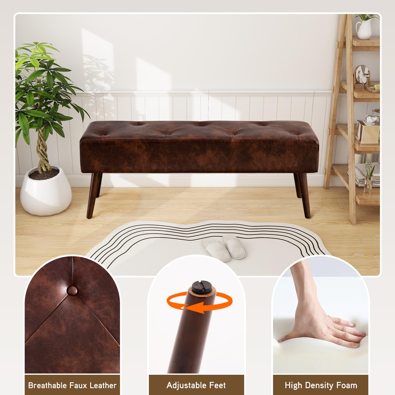 Furnimart 44 Inch Green Velvet Bench Ottoman Comfortable Footrest Stool Table Bench Dining Bench Tufting Bench Indoor Bench with Gold Legs for Living Room Bedroom Entryway (Velvet-Green)