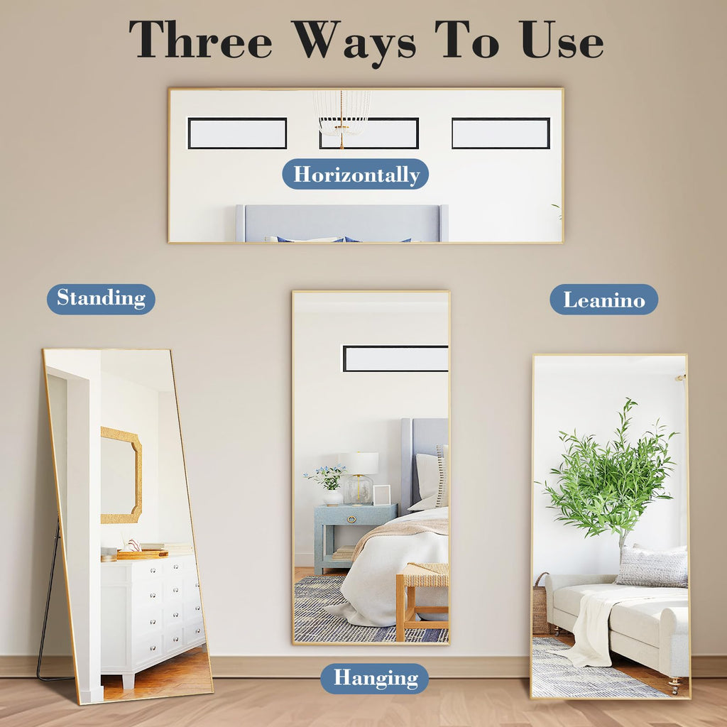 DUMOS Arched Full Length Mirror with Stand 64"x21" Floor Standing Aluminum Frame for Bedroom Body Hanging Leaning Modern Simple Home Decor Shatter-proorf Nano Glass Wall Living Room Cloakroom Black