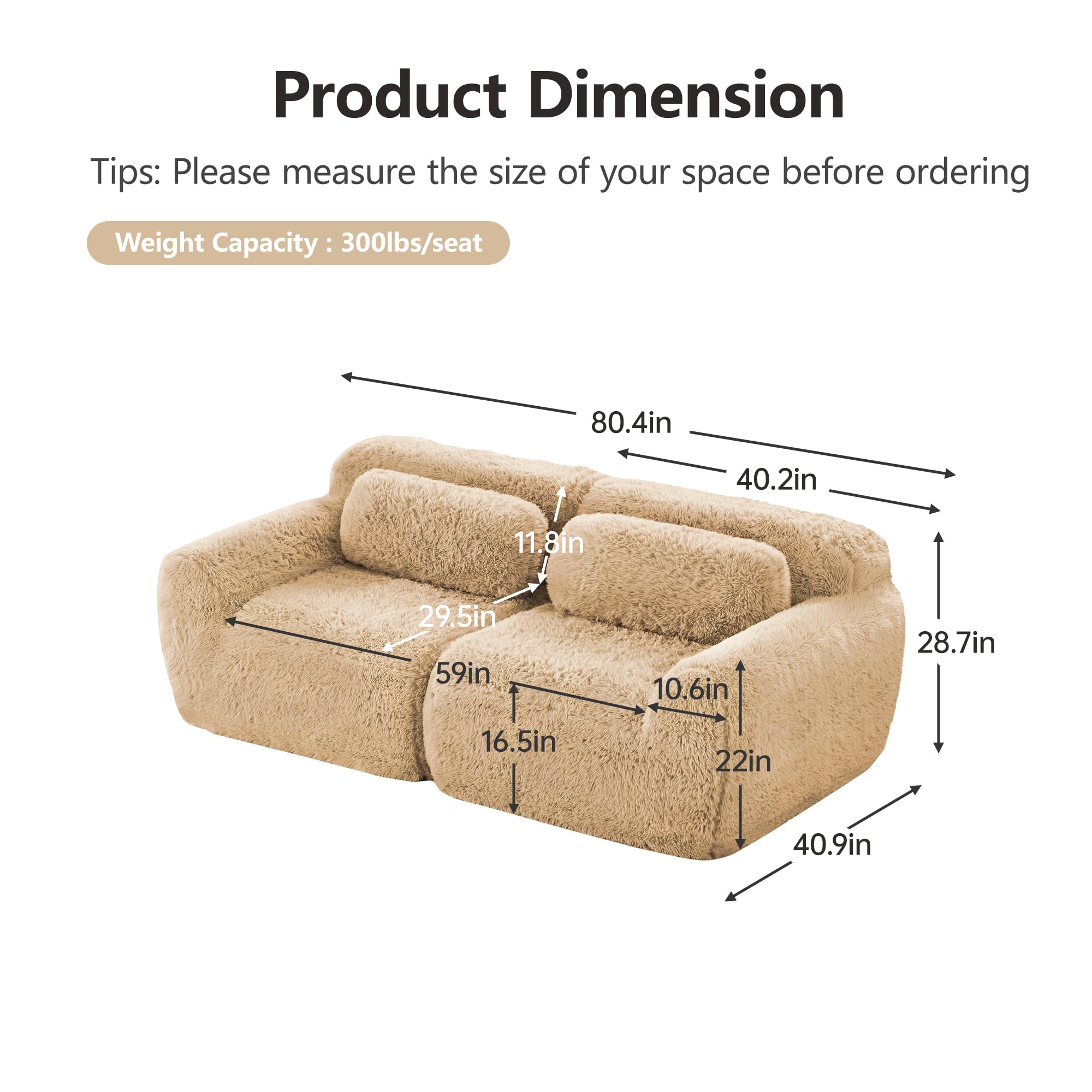 98.4-Inch Oversized Boneless Cloud Couches Deep Seat Foam Sofa Couch with 2 Round Toss Pillows, Luxury Corduroy Upholstered 3 Seat Tufted Loveseat, Cloud Sofa in a Box