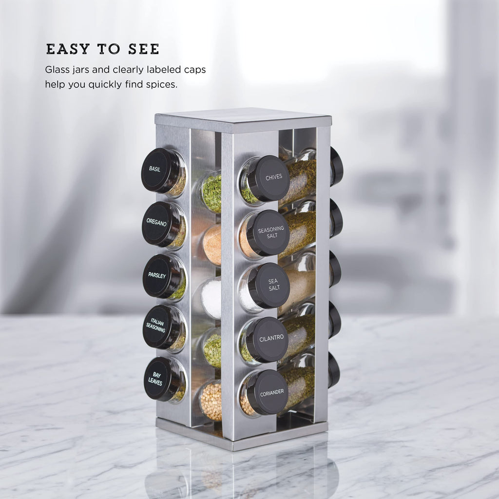 Kamenstein 20 Jar Revolving Countertop Spice Rack with Spices Included, FREE Spice Refills for 5 Years, Polished Stainless Steel with Black Caps, 30020