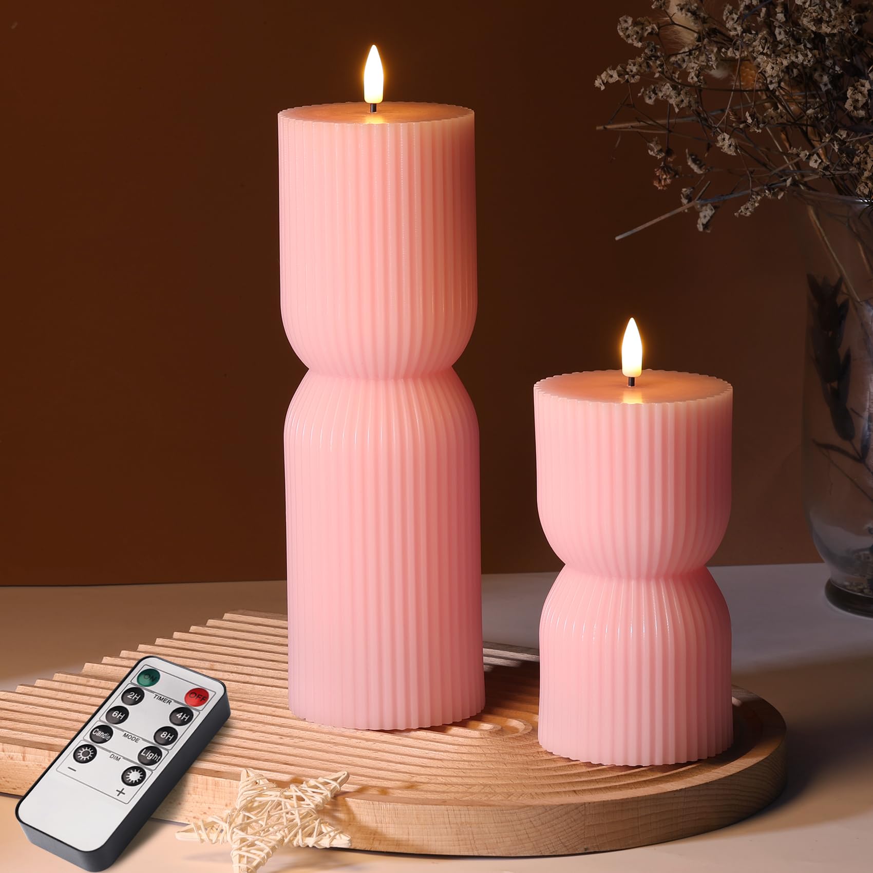 Olive Green Ribbed Flameless Pillar Candles with Remote, LED Candles Battery Operated Flickering Real Wax Set of 2
