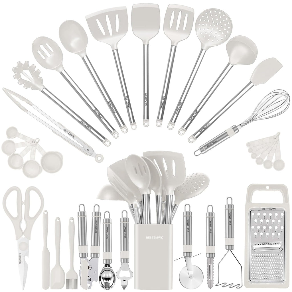 Kitchen Utensil Set-Silicone Cooking Utensils-33 Kitchen Gadgets & Spoons for Nonstick Cookware-Silicone and Stainless Steel Spatula Set-Best Kitchen Tools, Useful Pots (Khaki)