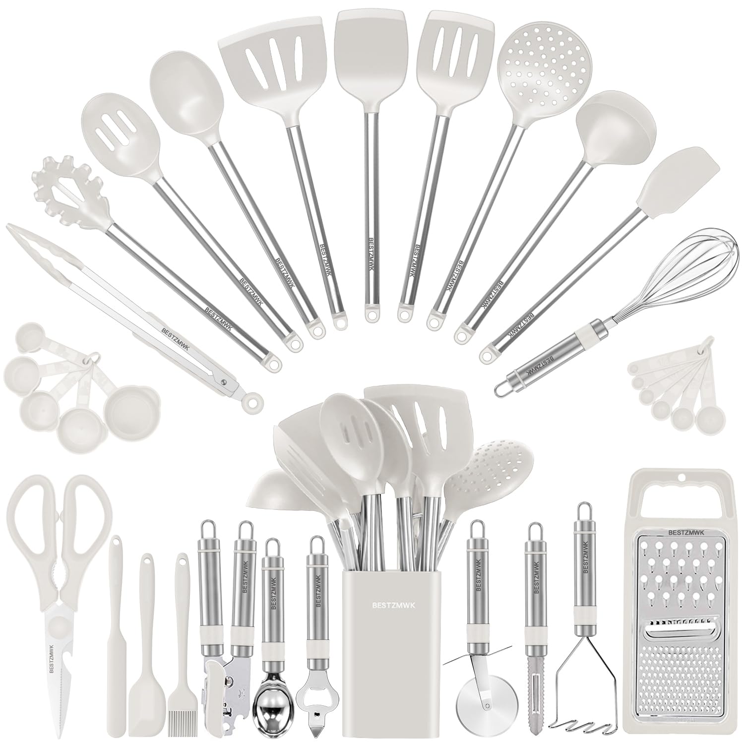Kitchen Utensil Set-Silicone Cooking Utensils-33 Kitchen Gadgets & Spoons for Nonstick Cookware-Silicone and Stainless Steel Spatula Set-Best Kitchen Tools, Useful Pots (Khaki)