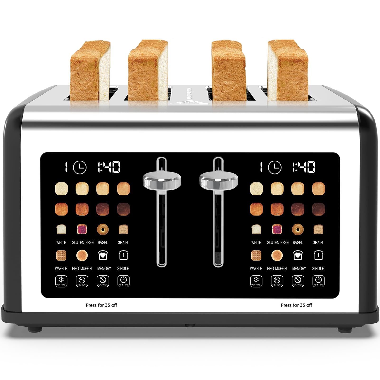 4 Slice Toaster Touch Screen, Stainless Steel Toasters Digital Timer, Dual Control Panel Toasters, 8 Shade Settings 6 Bread Types for Bagel, Cancel, Defrost 1650W